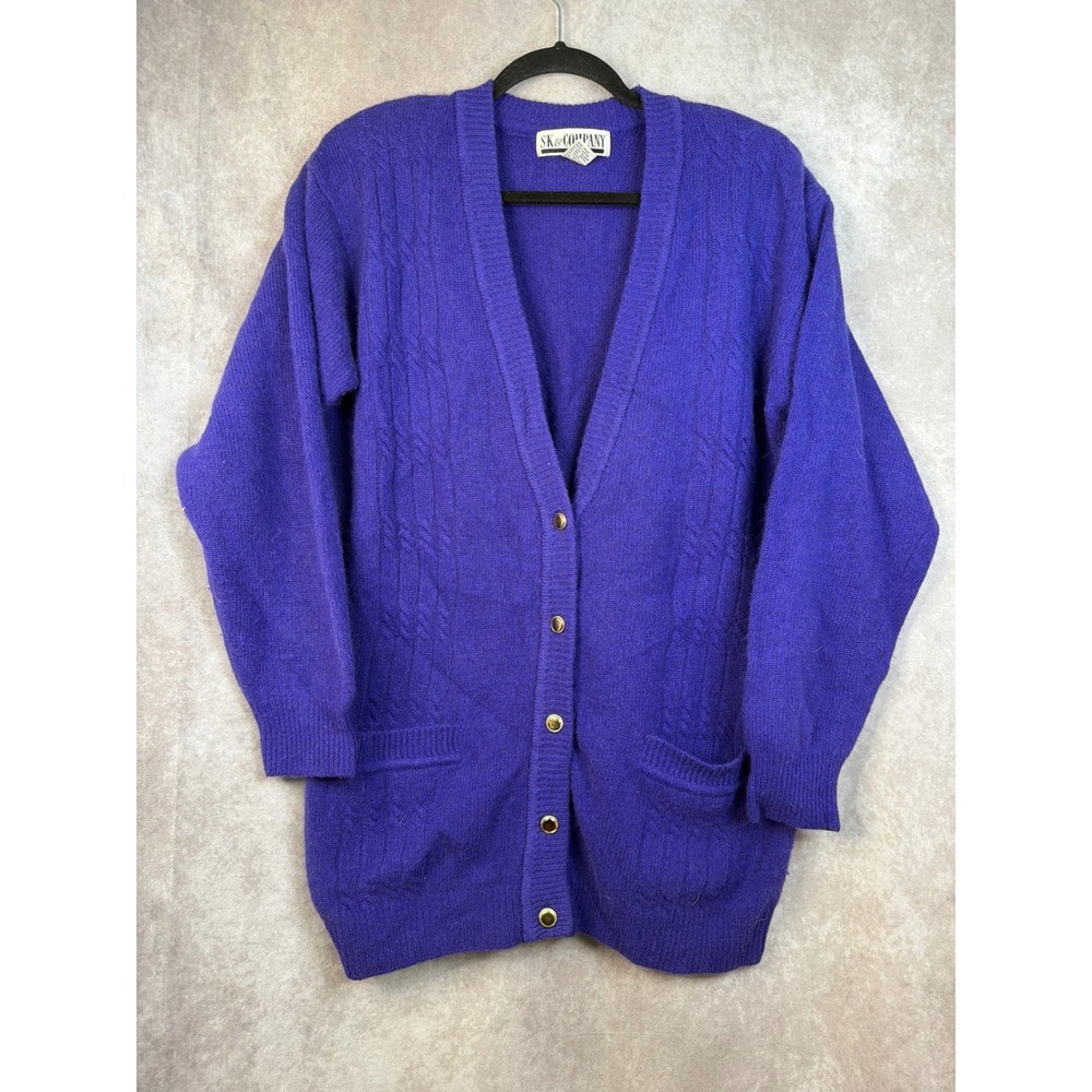 VTG 90's SK & Company Cable Knit Lambswool Angora Blend Cardigan Sz Med Purple